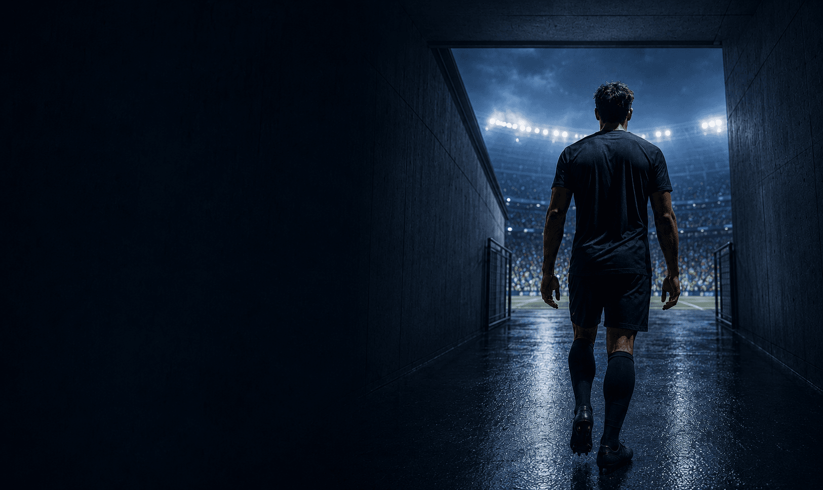 Football player walking through a stadium tunnel